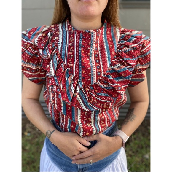 Vintage Cottage Core Handmade Ruffle Short Sleeve Floral Blouse - Picture 3 of 12